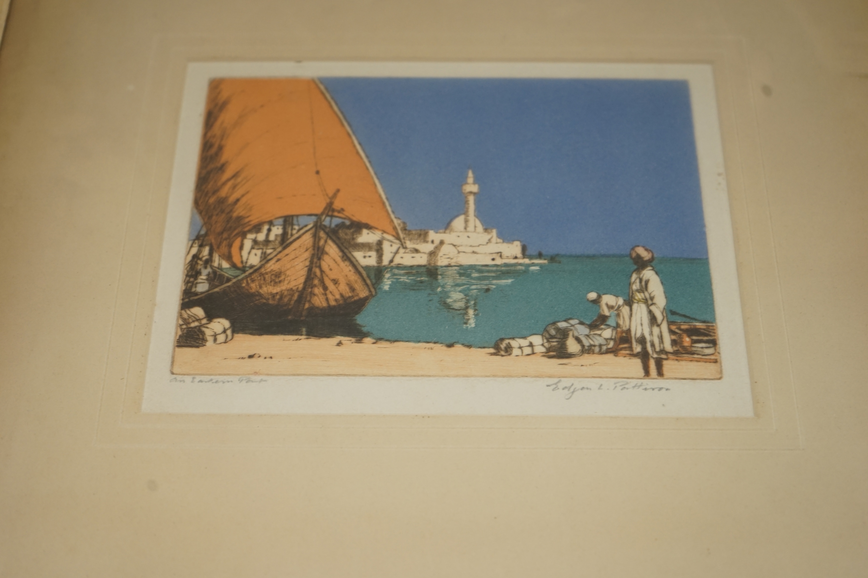 Edgar L Pattison (1872-1950), Orientalist colour etching, ‘An Eastern port’, signed in pencil, 16.5 x 20cm. Condition - fair